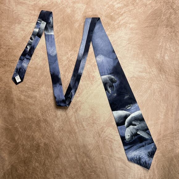 Vintage 90s Endangered Species Manatee Silk Neck Tie Animal Print Teacher Safari - Picture 8 of 8